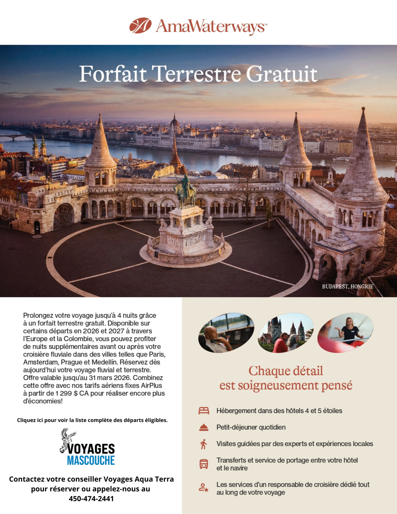 Promotion AmaWaterways Croisière Fluviale - Forfaits Terrestres Gratuits sur certains départs en 2026 et 2027 avec Voyages Aqua Terra Mascouche