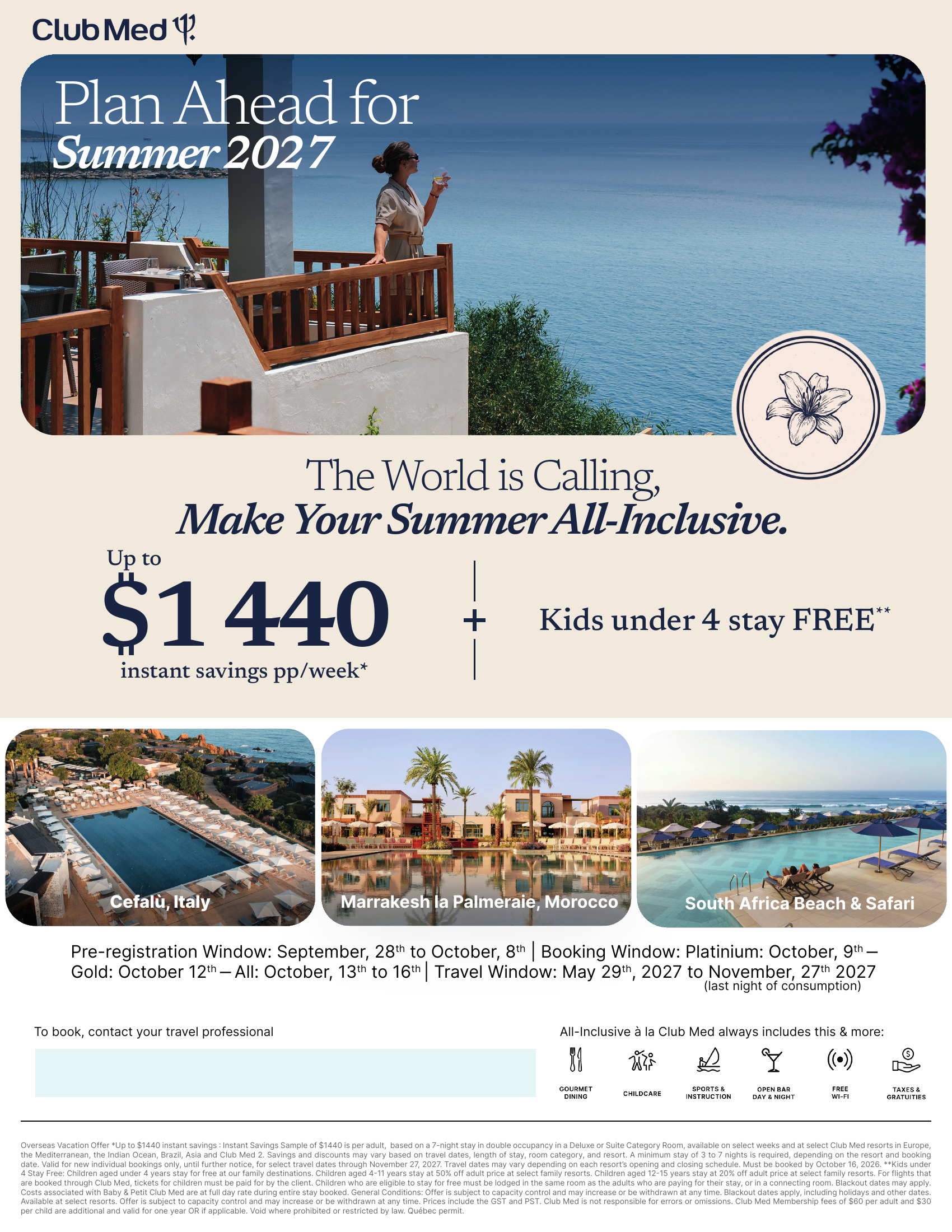 Club Med summer 2027: pre-registration September 28 to October 8, 2026, all-inclusive resorts in Cefalù, Marrakech and South Africa, with Voyages Mascouche