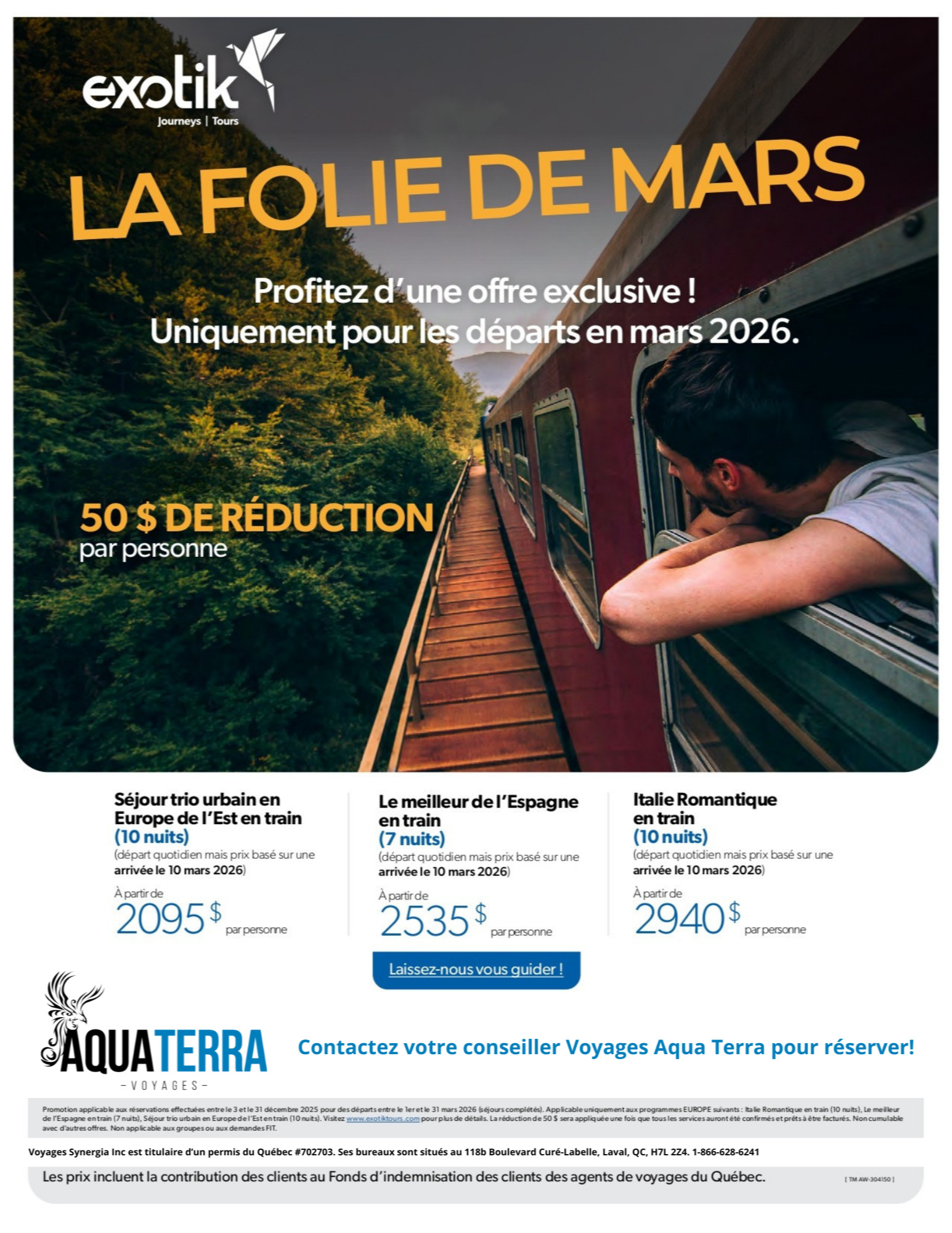 Exotik Tours Promotion 50$ off with Voyages Aqua Terra Mascouche