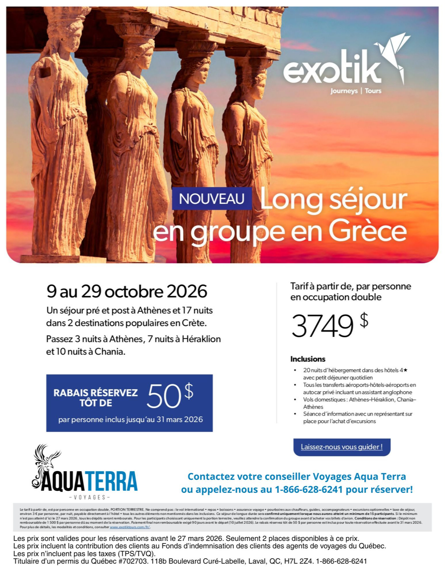 Exotik Tours Promotion: Extended group stay in Greece (Athens, Heraklion, Chania) with Aqua Terra Voyages Mascouche