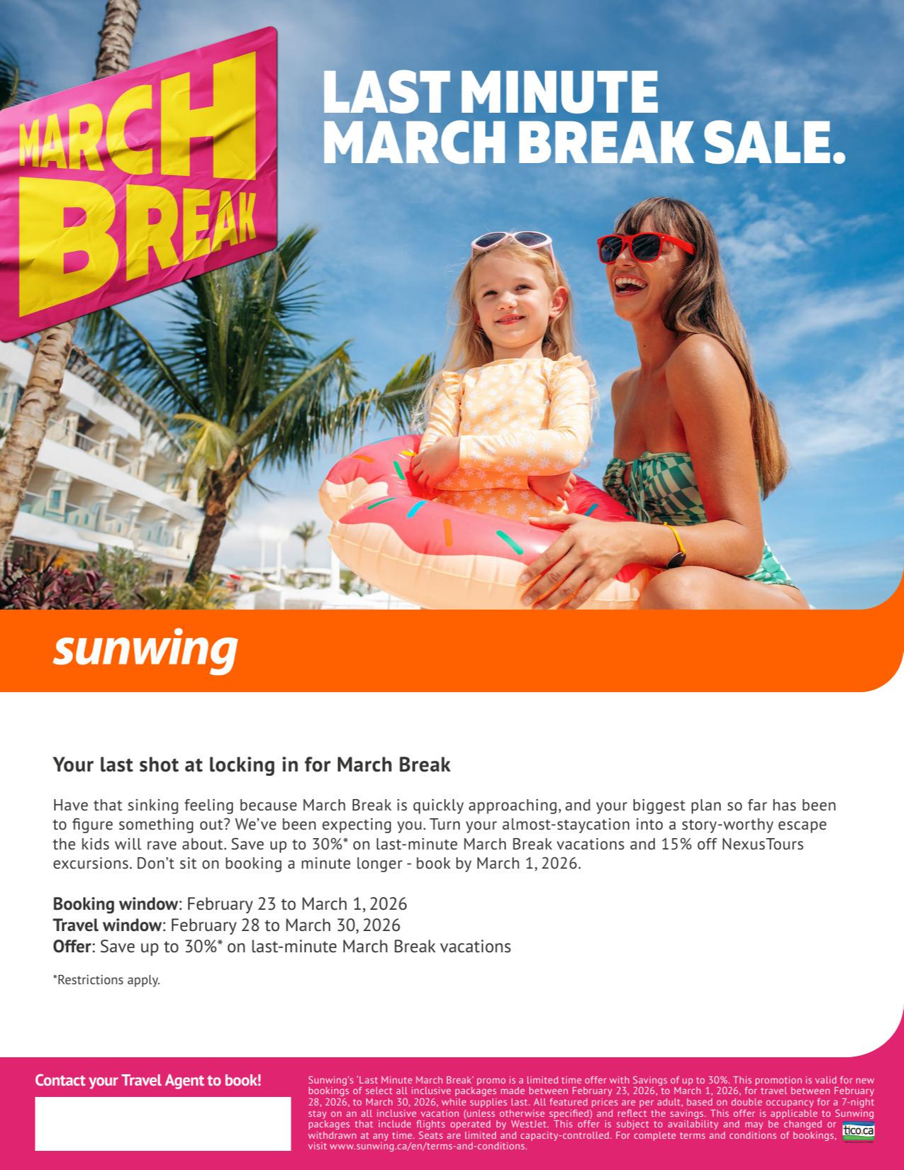 Sunwing vacation last minute march break sales with AquaTerra Travels Mascouche