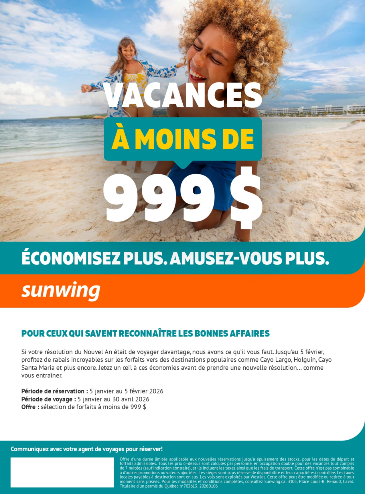 Promotion Vacances Sunwing Vacances à moins de 999$ avec Voyages Aqua Terra Mascouche